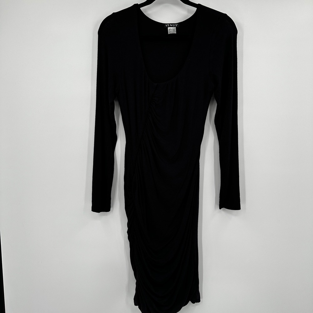 Venus Women Black Long Sleeve Ruched Draped Scoop Neck Bodycon Dress Small Party